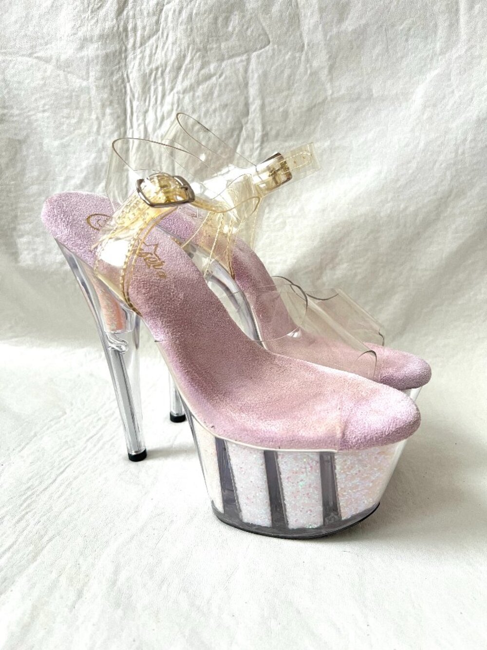 Pleaser platform high heels womens 8 clear plastic Adore-708UVG glitter UV glow